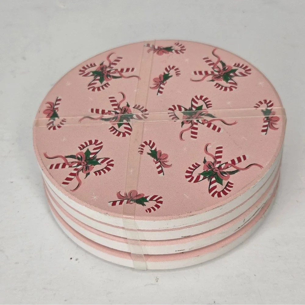 Pink‎ Peppermint Candy Cane Ribbon Ceramic Christmas Coasters Set